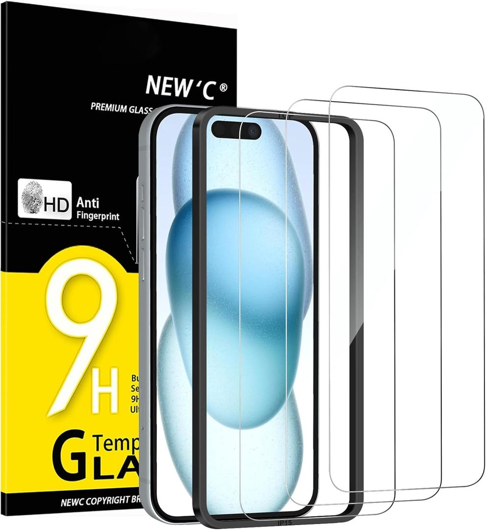 NEW'C 3 Pack Designed for iPhone 16, iPhone 15 Screen Protector (6.1 inches),Enhanced Tempered Glass Protection with easy installation tool included,Case Friendly Ultra Resistant | Tempered Glass (Transparent)