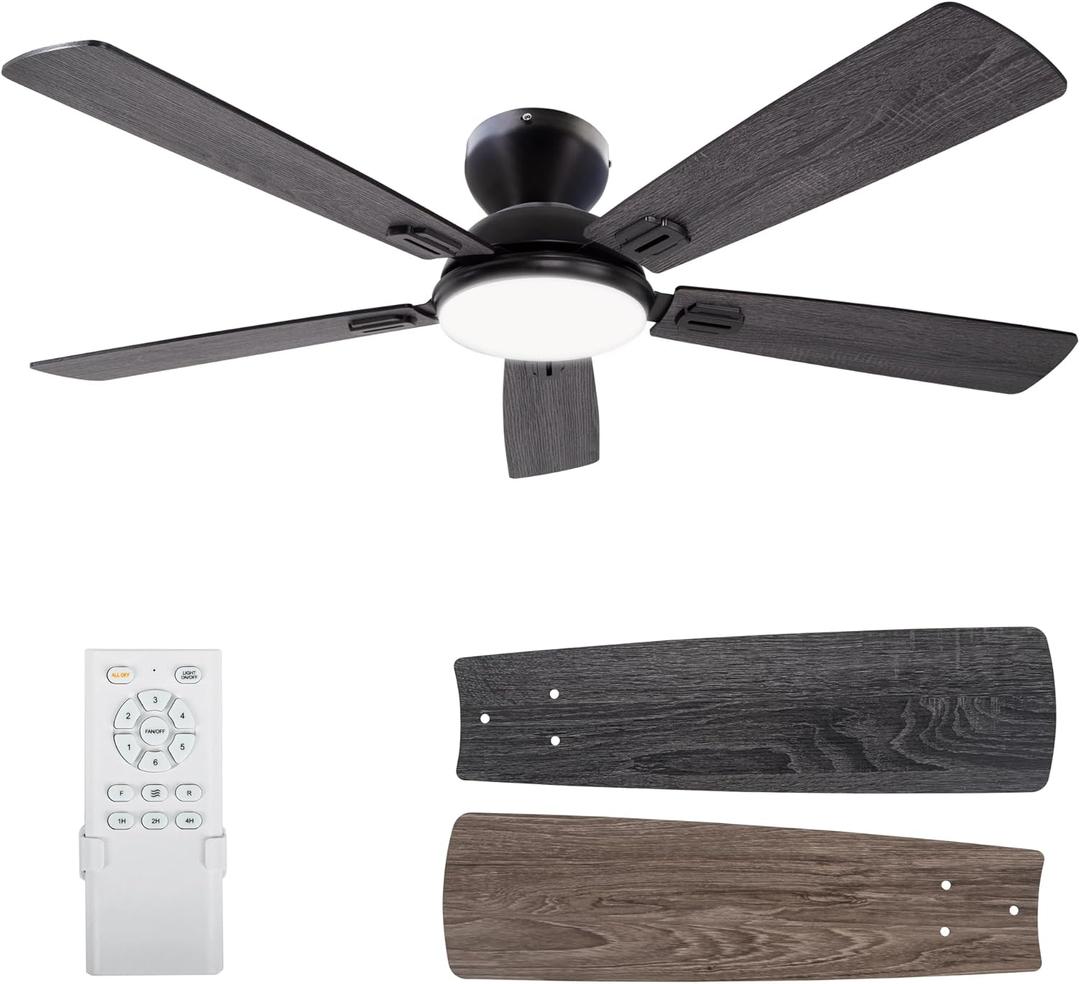 52 Inch Ceiling Fans with Lights, Indoor Flush Mount Ceiling Fan with Remote Control, 6 Speeds DC Reversible Motor, Timing, LED Dimmable, Modern Ceiling Fan for Bedroom Living Room