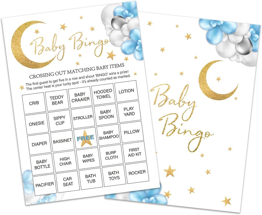 Baby Bingo Game Cards, Moon & Stars Baby Shower Games, 25 Cards
