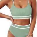 BMJL Women's High Waisted Bikini Ribbed Two Piece Swimsuit High Cut Color Block Adjustable Straps Bathing Suit, S