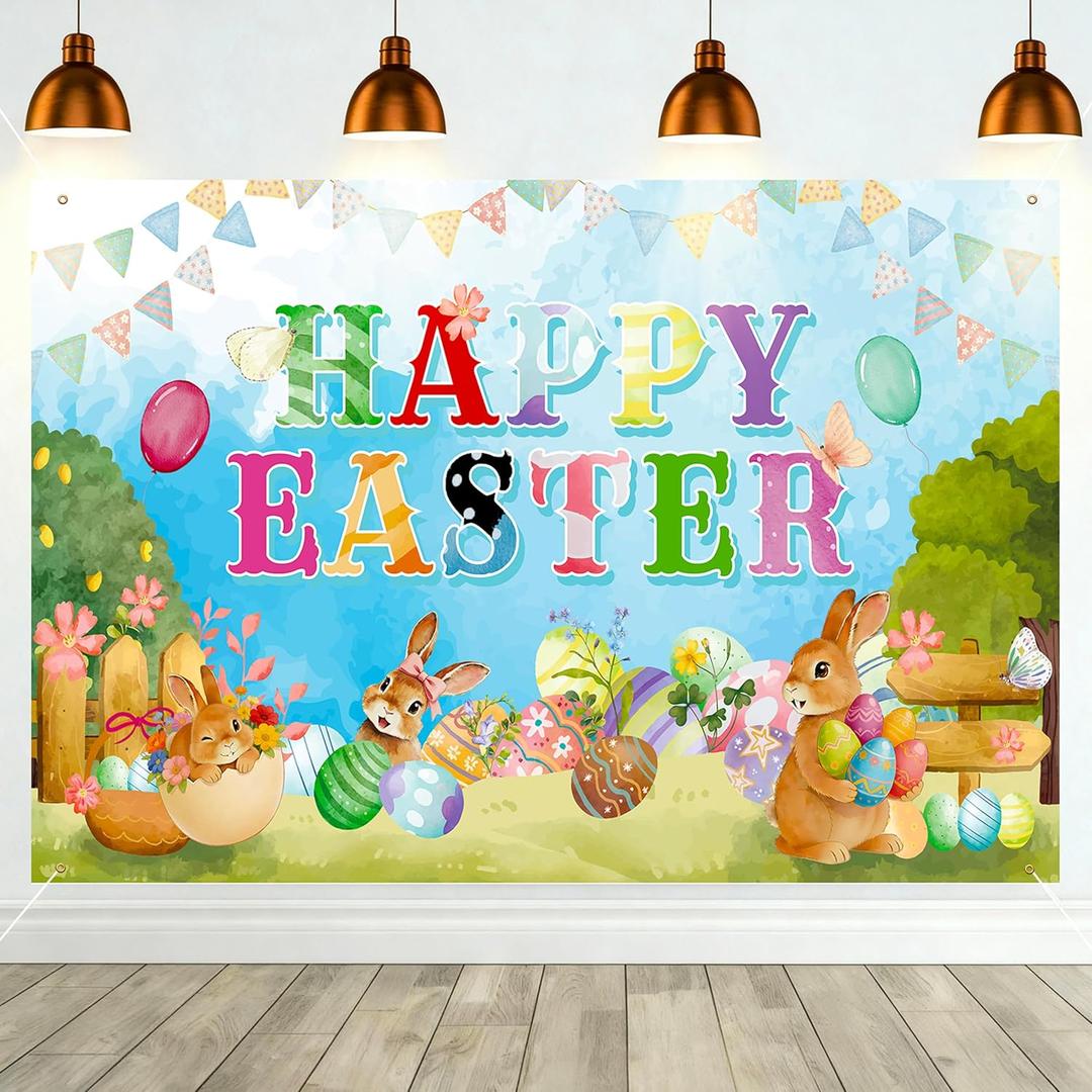 Happy Easter Photo Backdrop, Watercolor Easter Wall Decoration for Photography, Spring Bunny Banner with Colorful Egg Flowers Balloons for Party Decor & Supplies, 7143''
