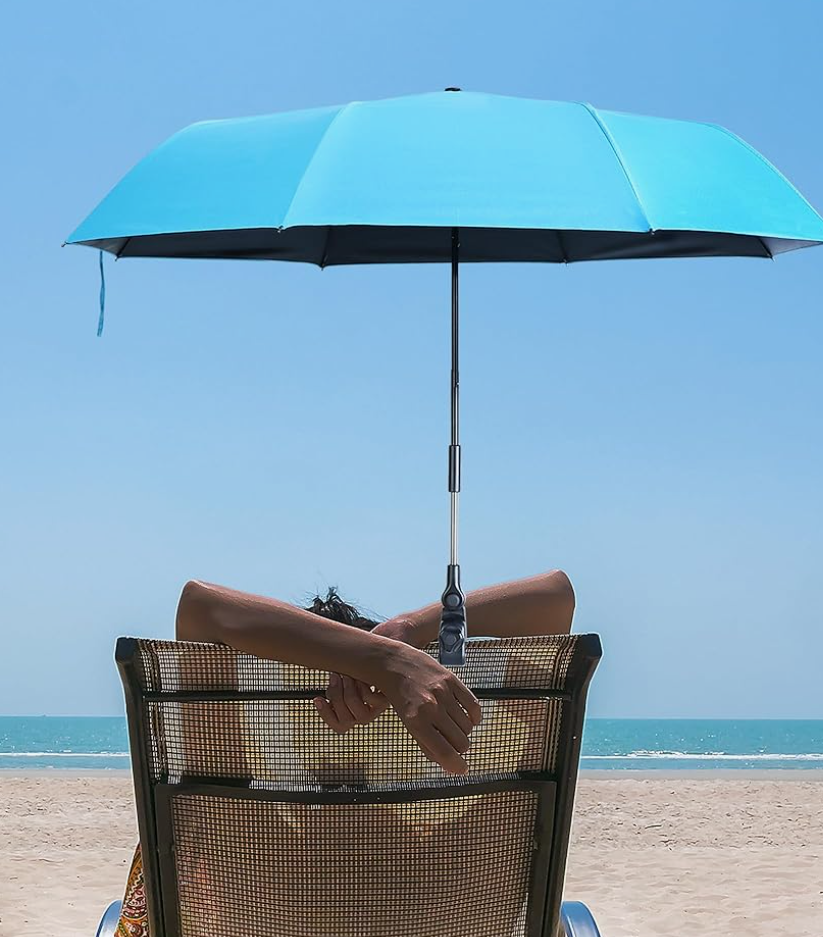 Beach Chair Umbrella with Clamp, Portable Clip on Umbrella for Outdoor Chairs, Adjustable UPF50+ Sun Shade Umbrellas for Beach Patio Travel Camping Wheelchair Golf Cart, Small 40inch with Storage Bag