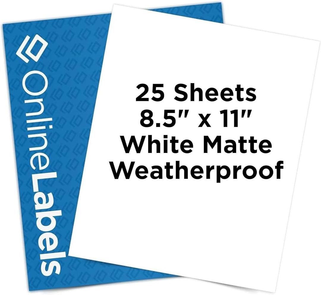 Waterproof Sticker Paper, 25 Sheets, White Matte Vinyl-Like, 8.5" x 11" Full Sheet Label, Works with Inkjet Printers Only, Compatible with Electronic Cutting Machines, OL177WJ, Online Labels