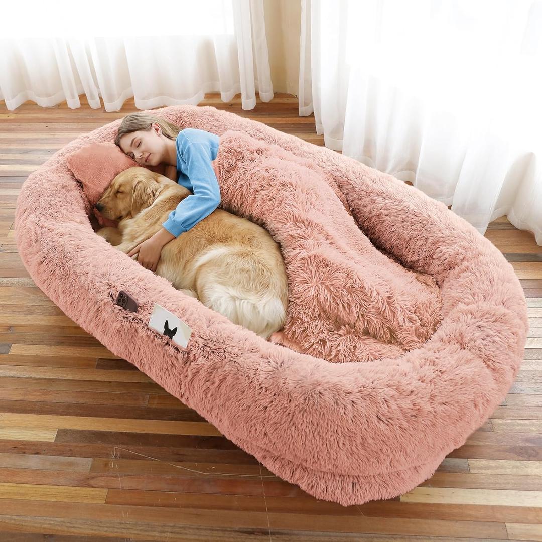 Human Dog Bed, 71''x45''x12'' Size Fits You and Pets, Washable Faux Fur Pet Bed for People Doze Off, Napping Orthopedic Dog Bed, Present Plump Pillow, Blanket, Strap, Pink