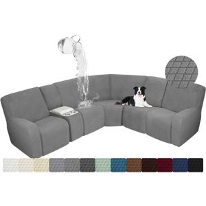 ALIECOM Waterproof Reclining Sectional Couch Covers for Reclining Sectional Stretch L Shaped Recliner Sofa Cover Washable Pet Dog Corner Sofa Slipcovers Protector (5 Seat and 1 Console, Middle Grey)