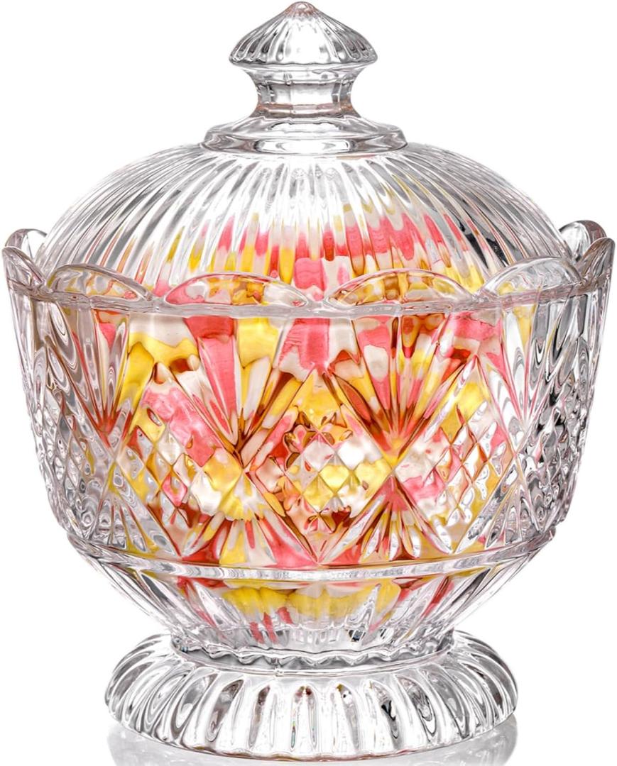 Lyellfe Glass Candy Dish with Lid, 40 Oz Large Clear Covered Cookie Bowl, Decorative Embossed Food Storage Container for Candy Buffet, Office Desk, Lead-free, Dishwasher Safe
