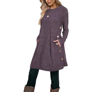 Poetsky Women Long Sleeve Tunic Tops to Wear with Leggings Side Buttons Long Shirts Rib Sweater Dress with Pockets S-3XL (Purple, XL)