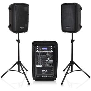 Pyle PA Speaker DJ Mixer Bundle - 300 W Portable Wireless Bluetooth Sound System w/ USB SD XLR 1/4" RCA Inputs - Dual Speaker, Mixer, Microphone, Stand, Cable - Home/Outdoor Party - PPHP28AMX,Black