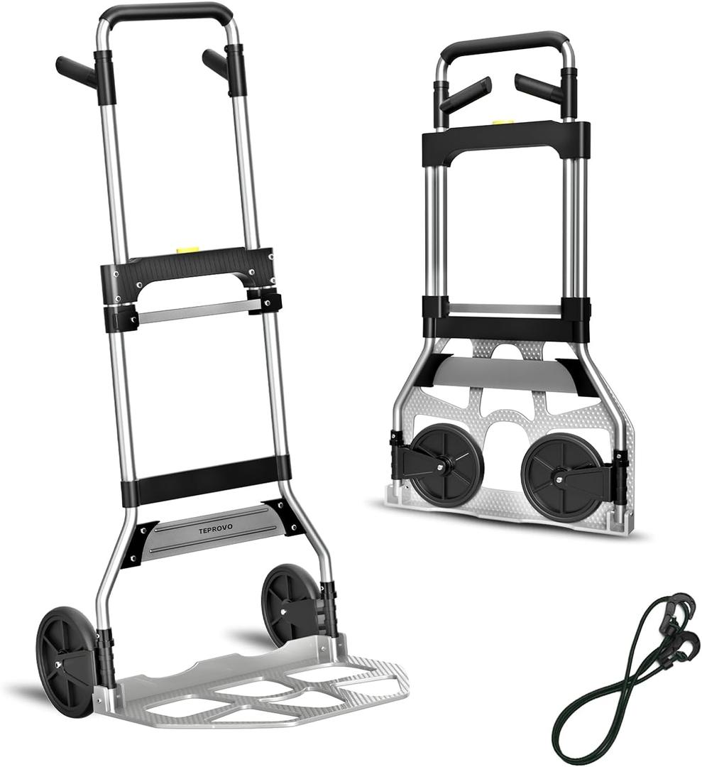 Teprovo Folding Hand Truck Dolly Cart,340LB Capacity Portable Aluminum Dolly Cart with Telescoping Handle and 7 Inch Rubber Wheels for Moving,Shopping,Travel,Office Use