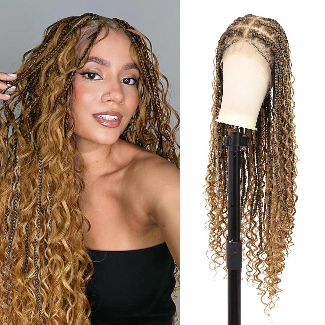 360 HD Full Lace Knotless Boho Braided Wigs for Women Box Braid Wig With Baby Hair Human Hair Blended Braided Lace Front Wigs Blonde 36 Inch (HD Full Lace Boho Braids-36)