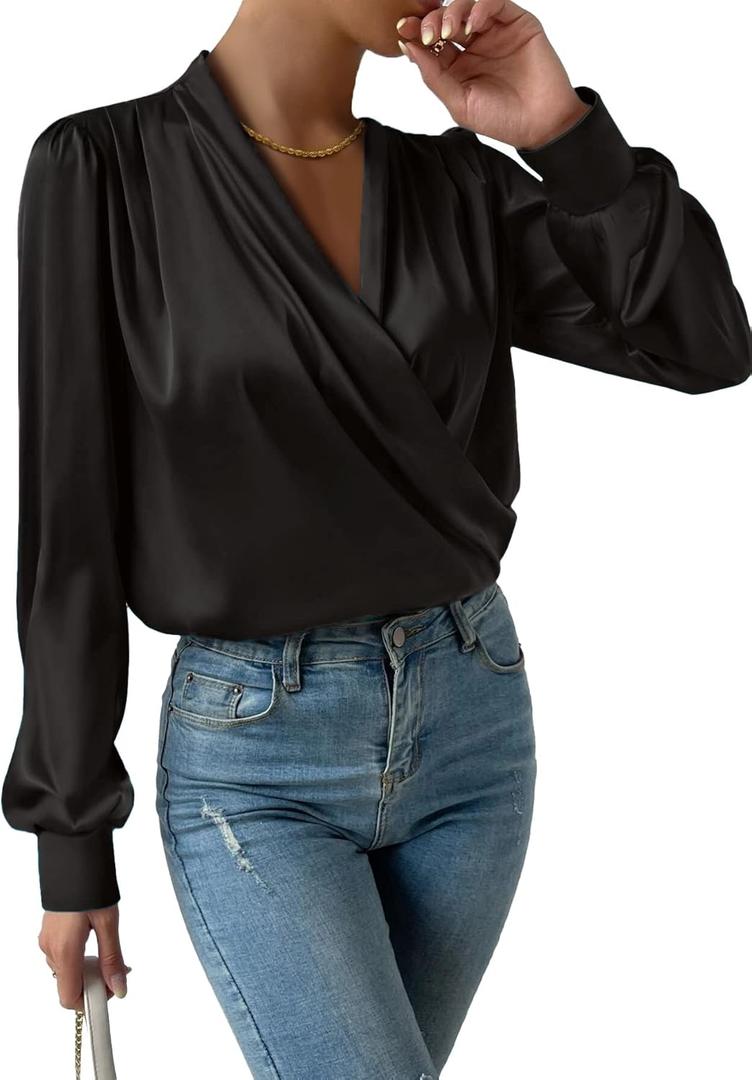 Vrtige Women's Satin Silky Draped Wrap V Neck Ruched Long Sleeve Blouse Shirt Top (Medium, Black)