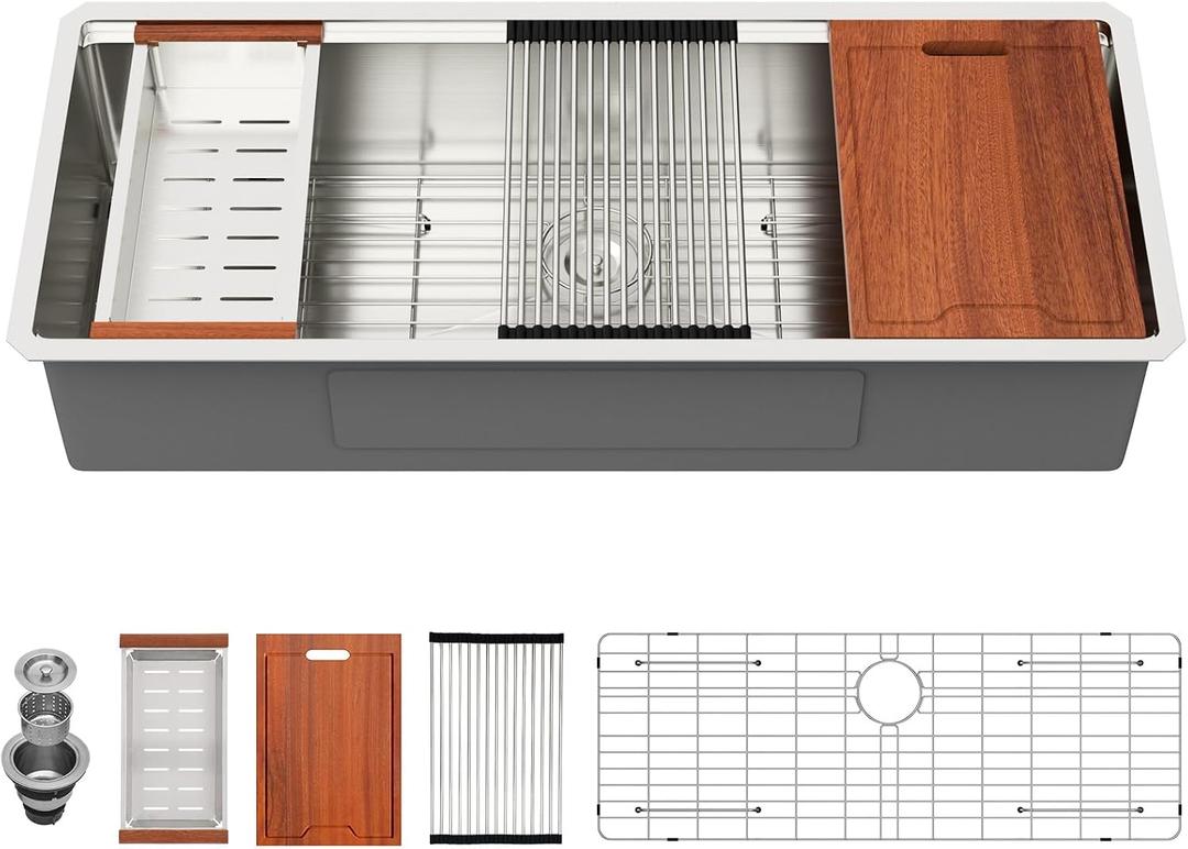 Lordear 45 Inch Undermount Kitchen Sink Super Large Ledge Workstation T304 16 Gauge Stainless Steel Single Bowl Under Counter Kitchen Sink with Built-in Accessories 45''x19''x10''