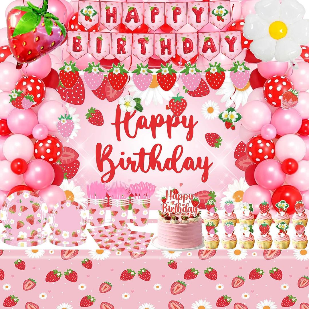 ZOYVUX Strawberry Birthday Decorations, Berry Party Decorations Including Balloon Arch Banner, Tablecloth, Backdrop, Cake Topper, Balloons, Hanging Swirls, Plates, Cups For Strawberry Themed Party