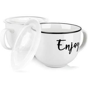 Soup Mugs with Handles and Vented Lids, 26 oz Microwavable Soup Bowls, Ceramic Mugs Set for Overnight Oats, Cereal, Noodles, Ramen, Pasta, Salad, Oversized Coffee Mugs, Set of 2, White