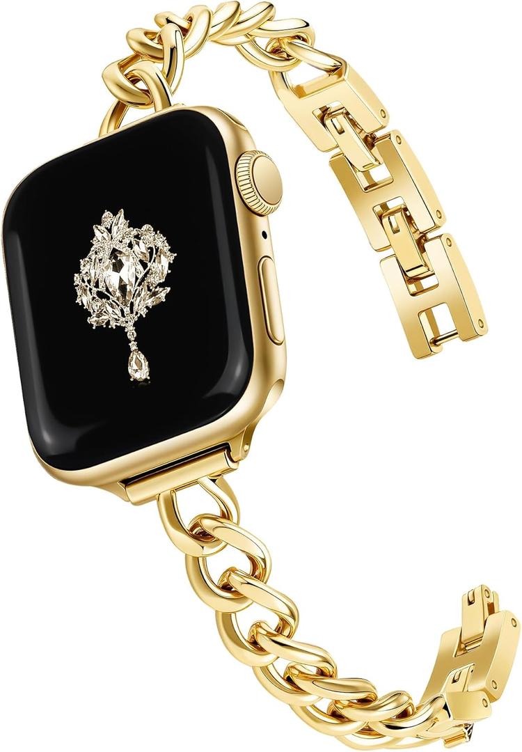 Newlibery Slim Gold Band for Women Feminine Elegant Compatible with Apple Watch 38mm 40mm 41mm 42mm (S10/11) Adjustable Metal Strap Dressy Chain Bracelet for iWatch Series 11/10/9/8/7/6/5/4/SE/3/2/1