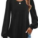 ZESICA Long Sleeve Eyelet Tops for Womens Crew Neck Spring Shirts Casual Loose Blouses 2026 Trendy Clothes (Black, S)