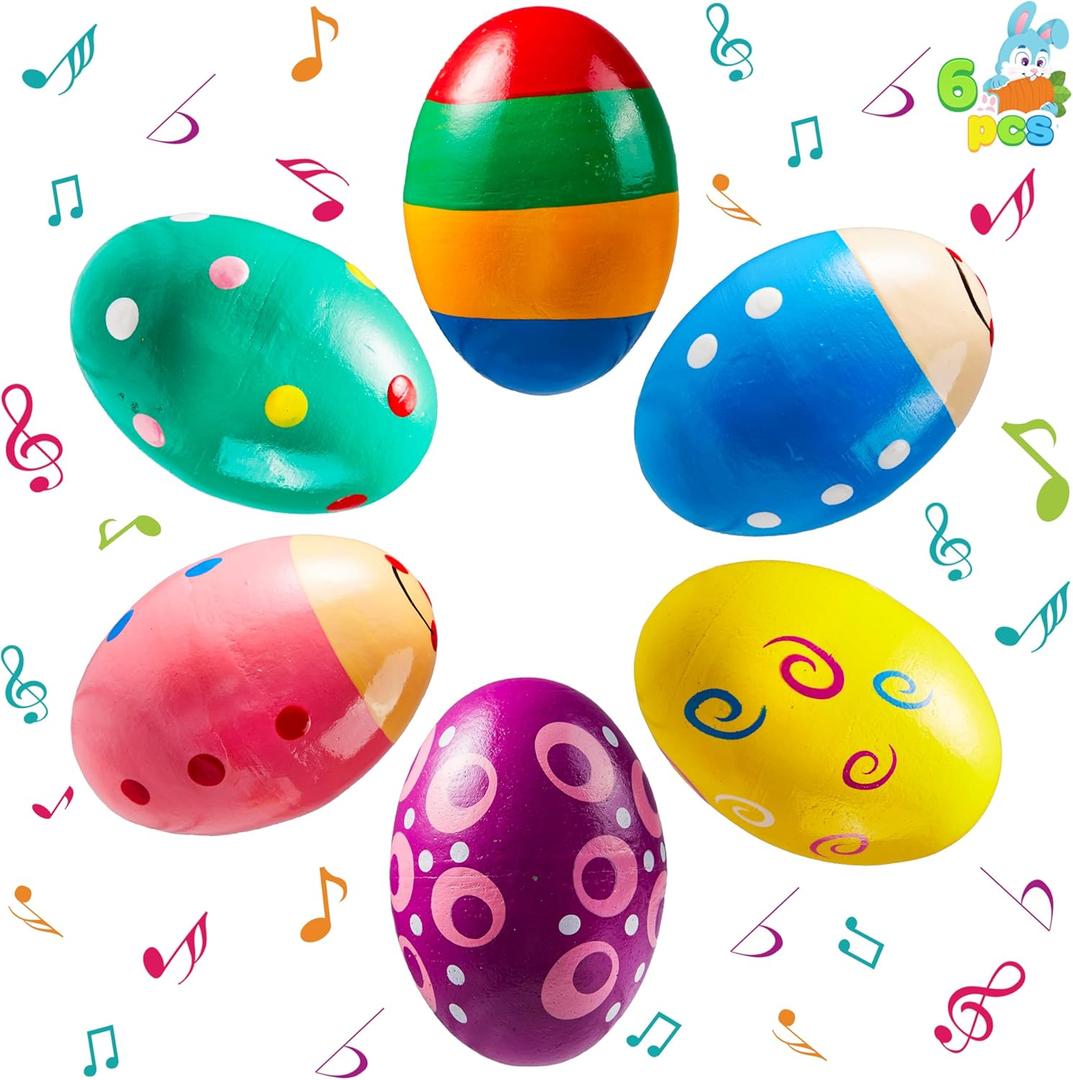 JOYIN 6 Packs Easter Wooden Egg Shakers Maracas Percussion Musical for Easter Basket Stuffer Filler, Classroom Prize Supplies, Musical Instrument for Kids, Easter Hunt