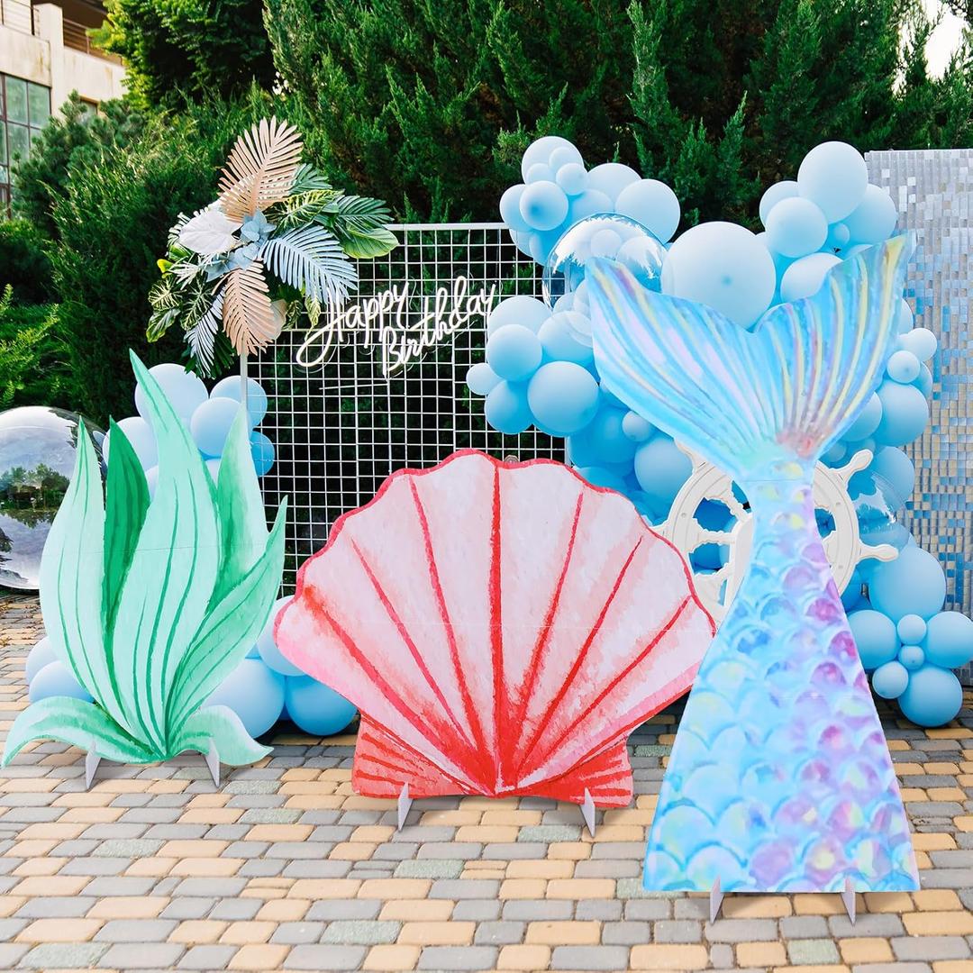 Weysat 3 Pcs Large Sea Party Stand Under The Sea Party Decorations Set 23-35 Inch Baby Shower Summer Mermaid Tail Shel Waterweed Cutouts Birthday Favor for Baby Shower Photo Booth Prop(Ocean)