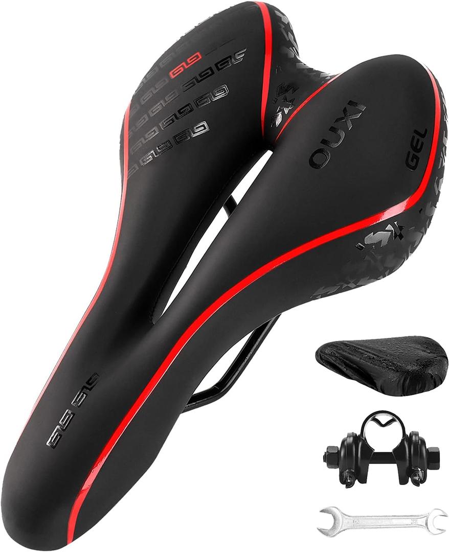 OUXI Comfort Bike Seat Comfortable Gel Bicycle Saddle Replacement Soft Padded with Shock Absorbing Waterproof for MTB Mountain Bike Road Bike Exercise Bike Men Women and Ladies (Red)