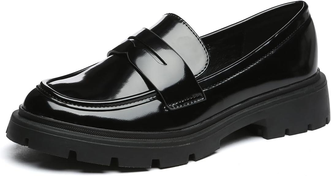 Women's Chunky Platform Loafers with Buckle Patent Leather Black Penny Loafers Fashion Office Work Business School Dressy Casual Shoes Comfortable Slip-on (Size 8)