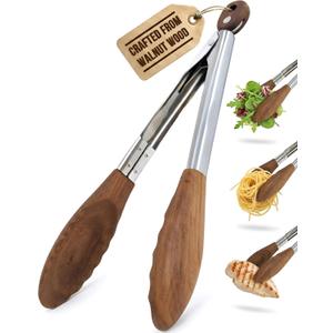 Boxiki Kitchen 9 Inch Tongs for Cooking with Wooden Tips - Nonstick Kitchen Tongs for Serving Food, Grilling, Cooking, BBQ and Tossing Sala d - Made of Natural Walnut Wood (Pack of 6)