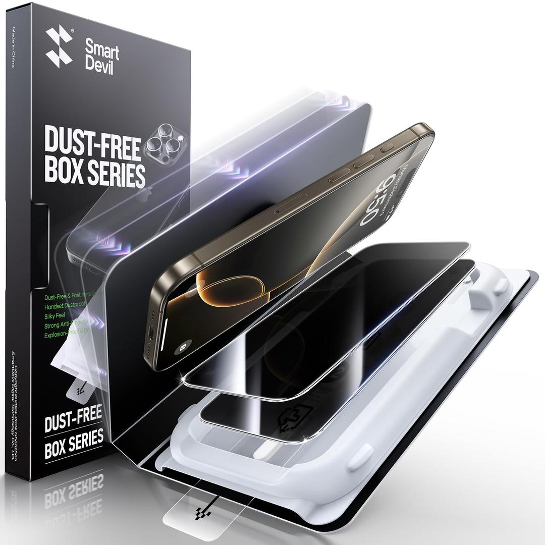 SMARTDEVIL Privacy Screen Protector for iPhone 16 Pro (2-Pack), Anti-Spy 9H Aluminosilicate Tempered Glass, SmartPull Box Dust & Bubble-Free Installation, Case-Ready Fit