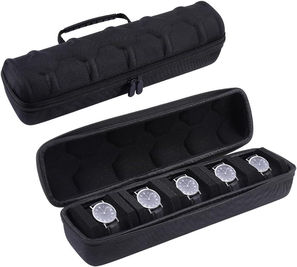 WADORN 5 Slots Travel Watch Case, Hard Shell Watch Case Zippered Storage Organizer Box with Soft Foam Pillows Portable Compact Display Storage Box for Men Women Wristwatches and Smart Watches (9.6x34.3x8.65cm)