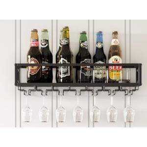 MAIKAILUN Wall Mounted Wine Rack Black with Glass Holder 30in Metal Bottle Holder Hanging Multi-Functional Wine Storage Display Rack for Home Bar Dining Room Kitchen (Black, 1-Tier)