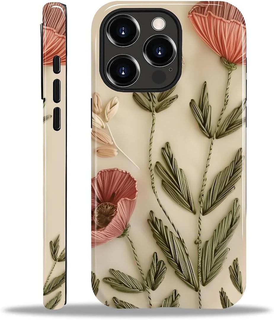 Compatible with iPhone 13 Pro Case - Dual-Layer Protection, Hard Shell with Silicone Interior,Slim Scratch Resistant Shockproof for Woman Men - Faux Embroidery Boho Floral