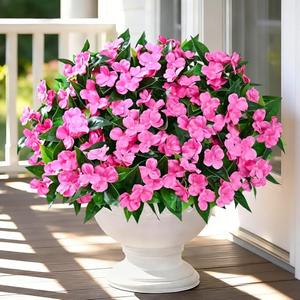 Livole 6 Bundles Artificial Flowers for Outdoors, Realistic Fake Outdoor Flowers Impatiens UV Resistant Artificial Outdoor Flower for Outside Faux Flower Plants for Porch Garden Home Decor, Rose Red