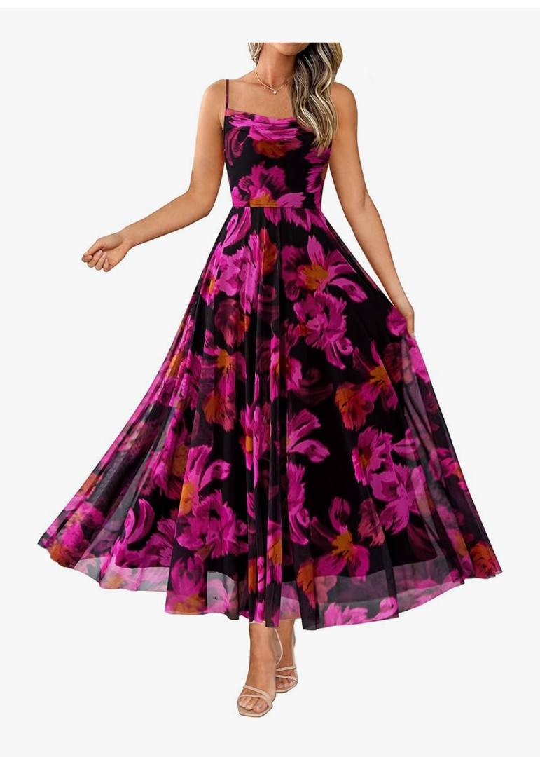 BTFBM Women Summer Floral Maxi Dresses Elegant Spaghetti Strap Dress Printed Party Dress Beach Long Dresses, Size M