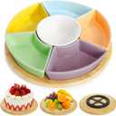 AVLA 11" Ceramic Divided Serving Dishes, Lazy Susan Party Appetizer Platter, 6 Removable Snack Bowl with Rotatable Bamboo Tray, Porcelain Relish Tray for Chips and Dips, Candy, Nut, Condiment, Veggie