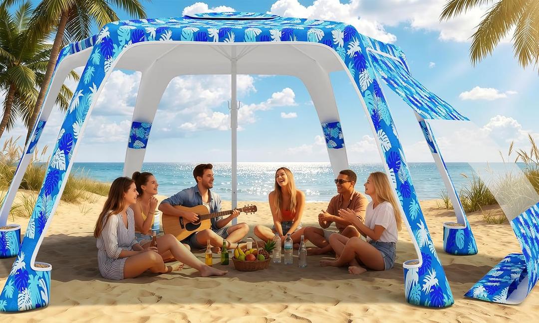 Beach Cabana with 6-Corner, 8'8' UPF50+ Beach Canopy, Adjustable Height Beach Tent Sun Shelter, Cool Cabana Beach Tent with Removable Side Wall, Beach Shade for Beach, Garden, Camping (Leaf Print)