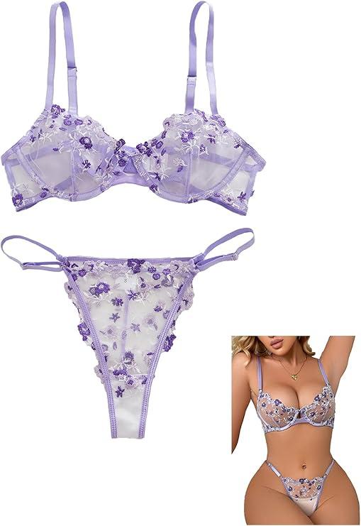 Women 2 Piece Push Up Embroidered Mesh Sheer Lingerie Set See Through Bra and Panty Size S