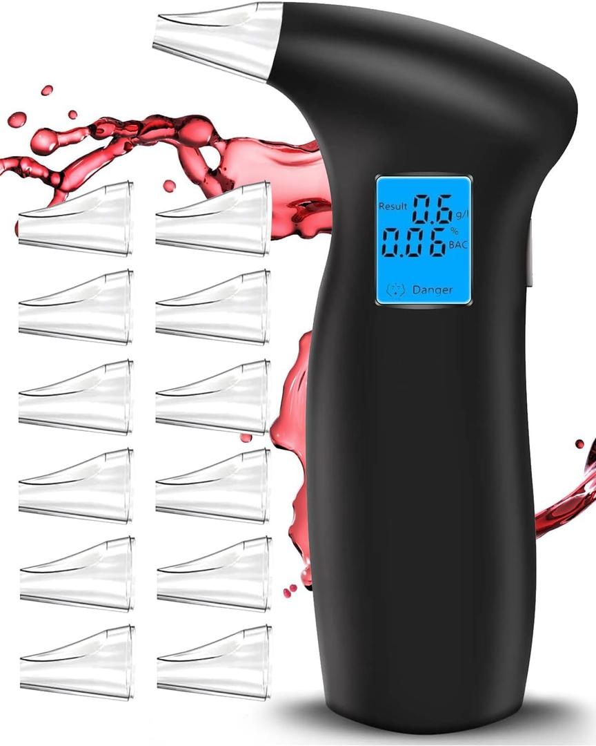 Breathalyzer with LCD Display Portable Personal Breath Alcohol Tester with 12 Replaceable Mouthpieces, Breathalyzers for Home or Party Use