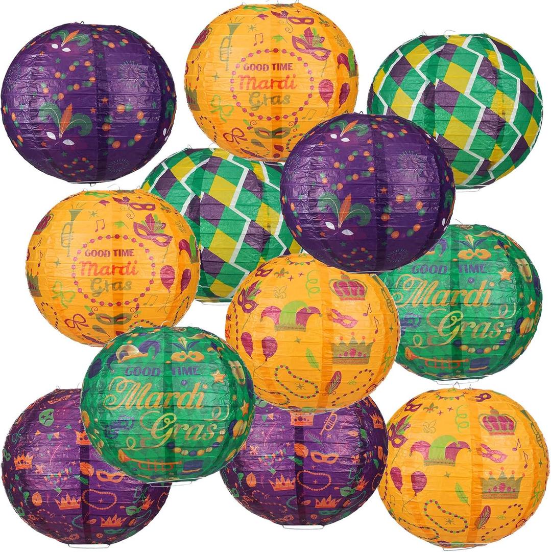 Panelee 12 Pcs Mardi Gras Party Decorations Paper Lanterns Carnival Yellow Green Purple Hanging Round Paper Lanterns 8 Inch for Mardi Gras Office Classroom Party Decorations Supplies Indoor Outdoor