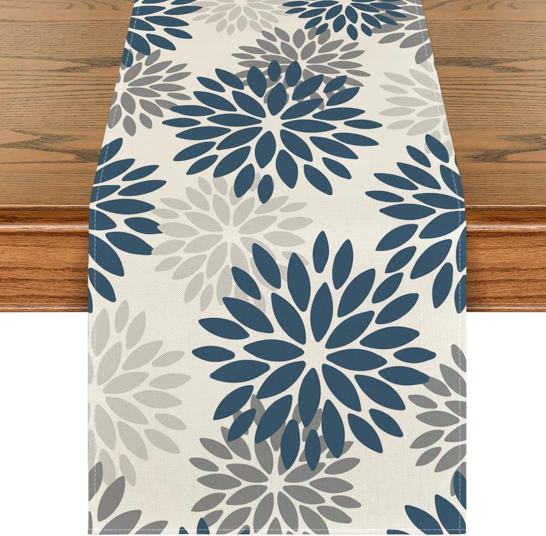 Artoid Mode Dahlia Aqua Floral Pinnata Flower Winter Table Runner, Seasonal Summer Holiday Kitchen Dining Table Decoration for Home Party Decor 13x36 Inch (Blue/Grey/Silver)