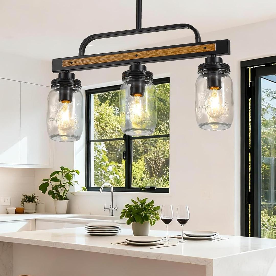 3-Light Farmhouse Dining Room Chandelier, Black Mason Jar Chandelier Lighting Fixture for Kitchen Island, Dining Table, Rustic Linear Cluster Hanging Pendant Light, Faux Wood with Glass Shade
