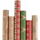 RUSPEPA Christmas Wrapping paper - Brown Kraft Paper with Red and Green Pattern For -Christmas Elements Collection-6 Roll-30Inch X 10Feet Per Roll
