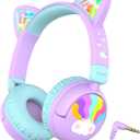 iClever Kids Headphones Cat Ear, LED Light Up, 85dBA Safe Volume, Stereo Sound Toddler Headphones for Travel School, Foldable 3.5mm Wired Kids Headphone for iPad Tablets, Meow Lollipop-Purple