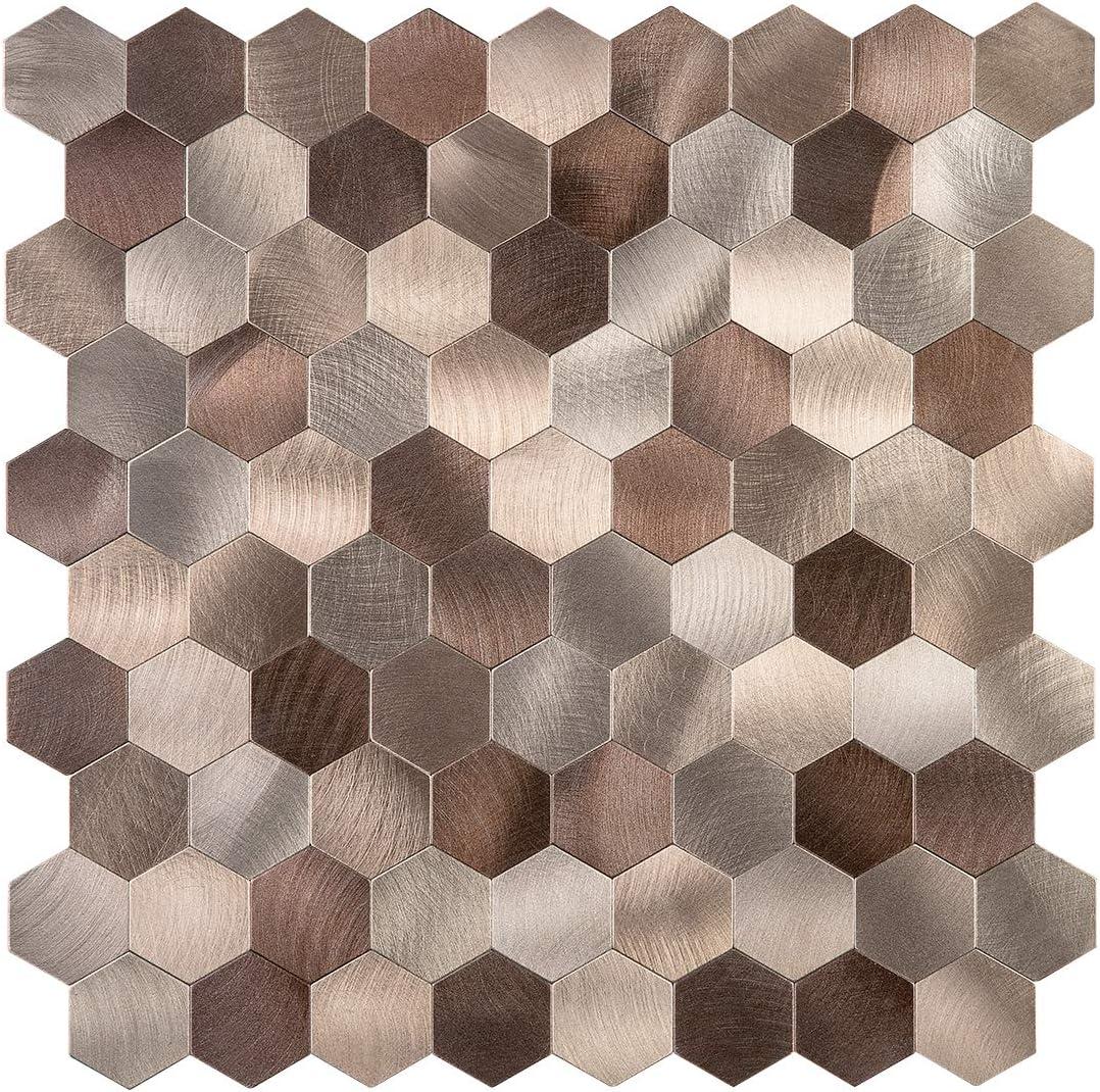 Metal Tile Backsplash with Retro Look - (Hexagon Copper Brown 10Pack Metallic Peel and Stick, DIY Wall Modelling - Luxury Style, Affordable for Kitchen, Bathroom, Stairway, Mirrors