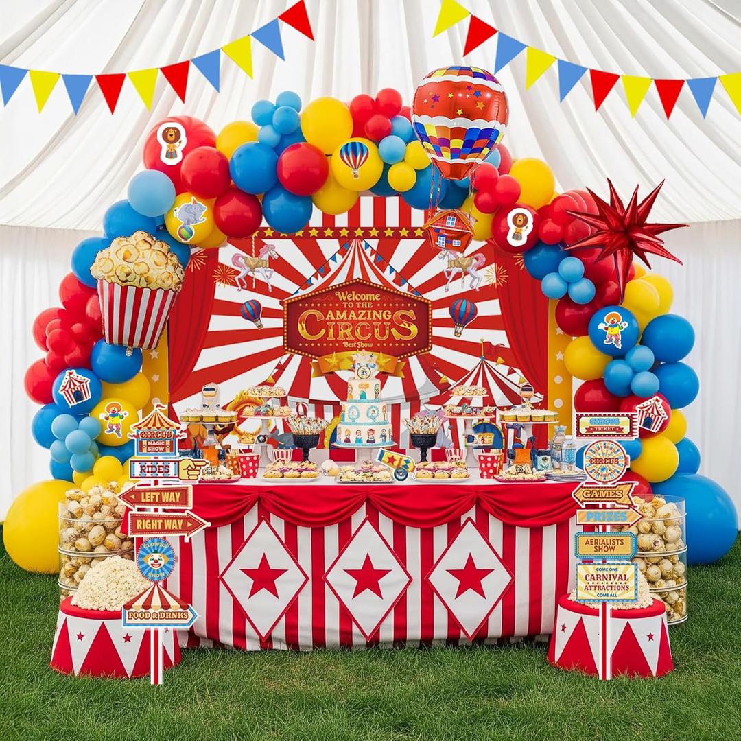 Circus Theme birthday party decorations & include red blue yellow balloon garland & foil hot air popcorn balloons & banner carnival road sign paper card background decor