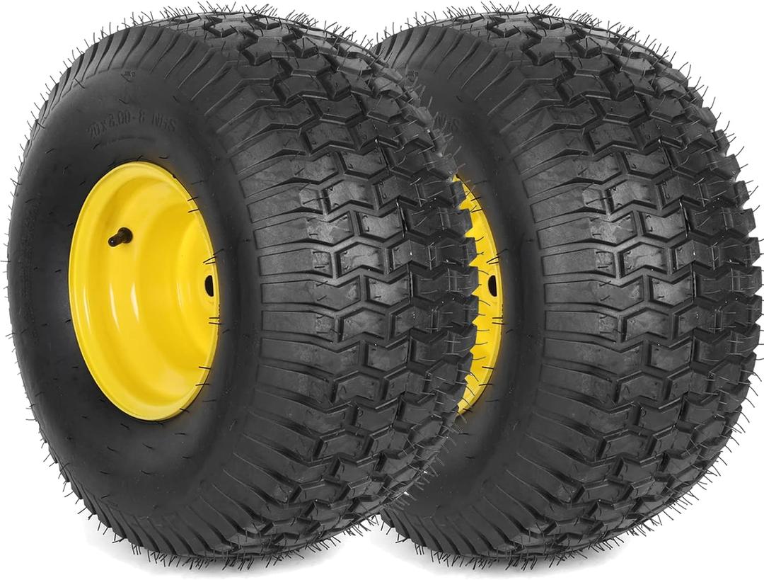 (2-Pack) 20x8.00-8 Rear Tire and Wheel Assemblies - 4 Ply Tubeless Tire Compatible Replacement for Riding Lawn Mowers - 3/4" Borehole, 3.5" Offset Hub and 3/16" Keyway (20 x 8.00-8" Tubeless (Offset Hub), Yellow)