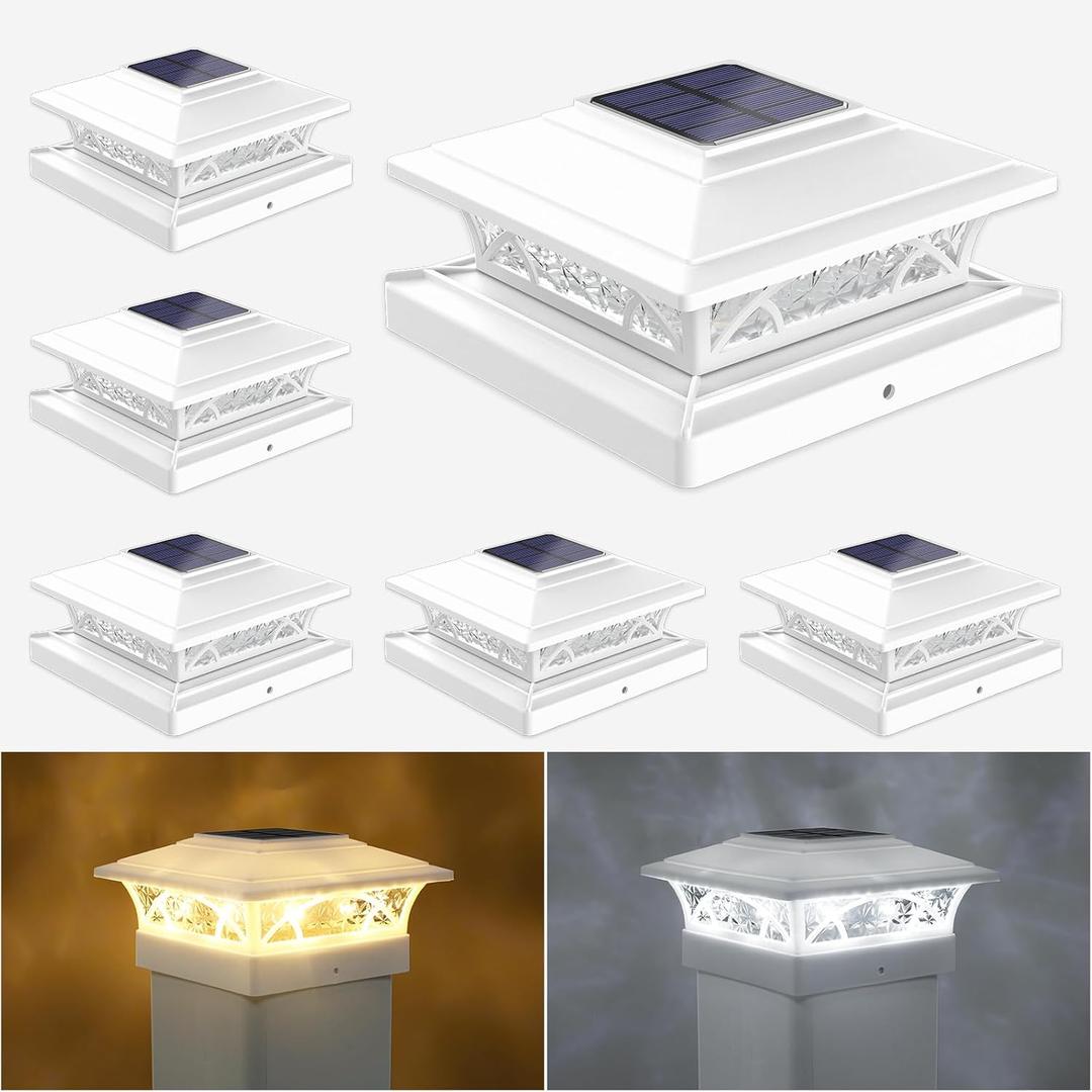 JOFIOS Solar Post Cap Lights Outdoor 6pack, White Deck Fence Post Lights Solar Powered with 16LEDS 2 Lighting Modes, 4x4/5x5/6x6 Waterproof Fence Post Lights for Garden Patio Porch Backyard
