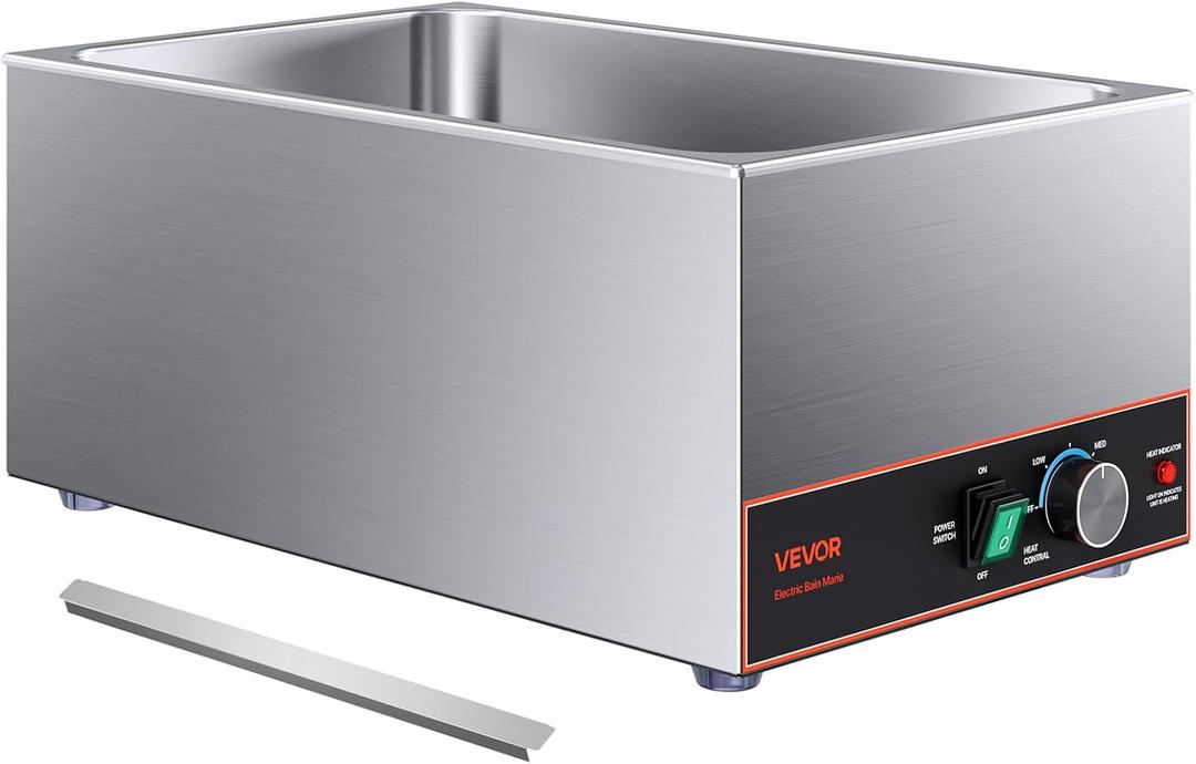 VEVOR Commercial Food Warmer, 1500W Electric Stainless Steel Steam Food Warmer, Fast Heating Countertop Buffet Bain Marie with Power Cord & Divider Strip, for Catering, Restaurants, Parties, Buffets (Full Size Pan)
