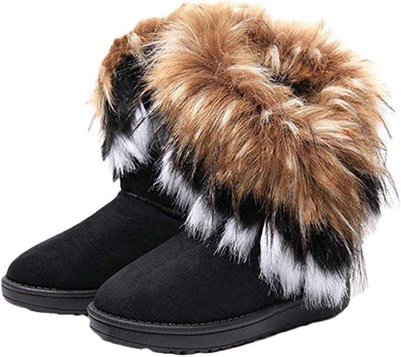 Naughtyangel Women Winter Warm Snow Ankle Boots Low Heels Faux Fox Rabbit Fur Tassel Shoes (9, Black)