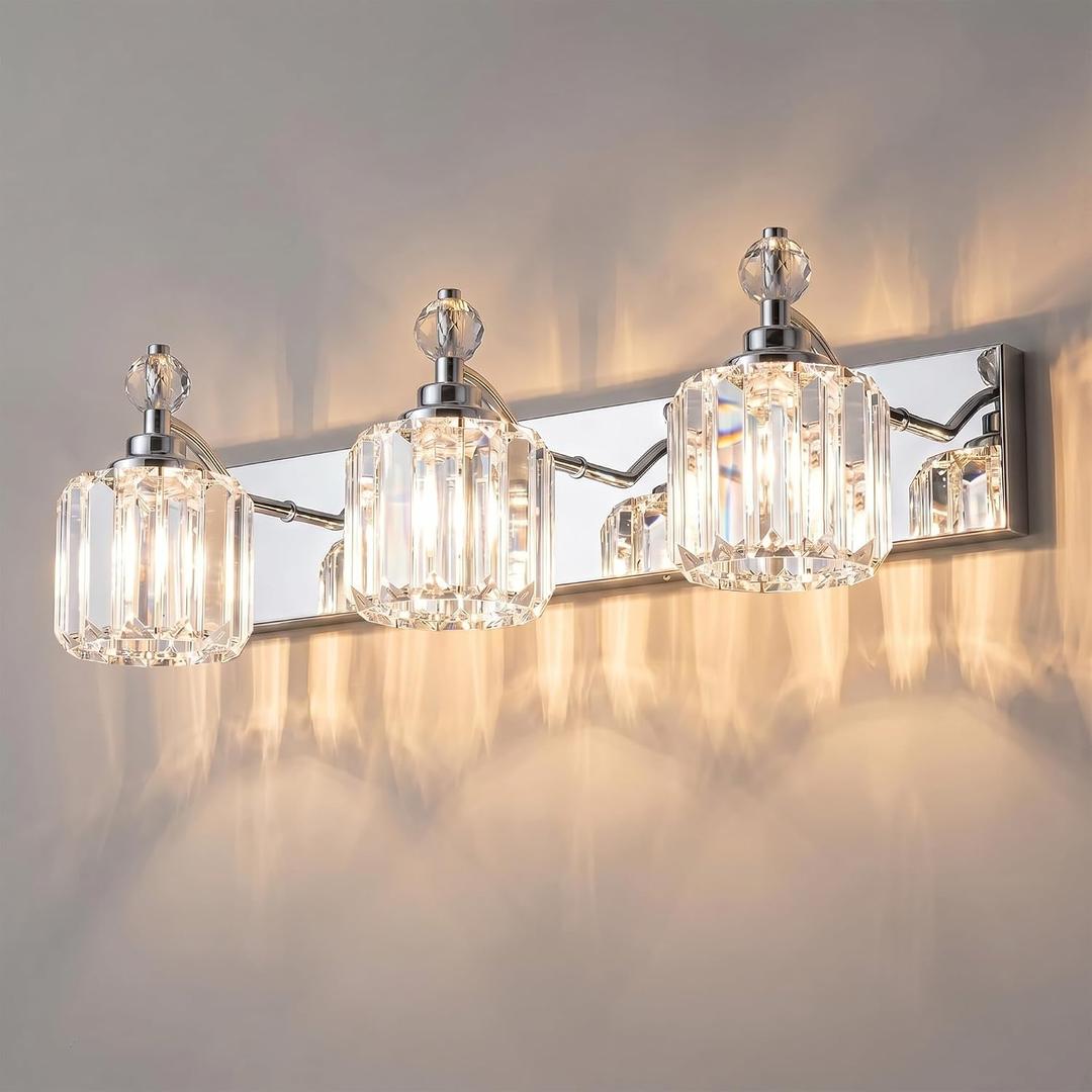 Chrome Light Fixtures, 3 Light Bathroom Vanity Light with 42pcs Crystal Sheet, 22in Modern Vanity Light, Bathroom Lighting Fixtures Over Mirror  Chrome & Round, 3-Light
