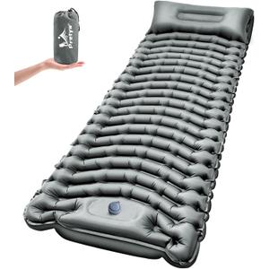 Sleeping Pad for Camping - Ultralight Camping Mattress with Pillow, Built-in Foot Pump, Compact Inflatable Portable Mat for Backpacking, Hiking, Car Traveling, Beach, Tent (Grey)