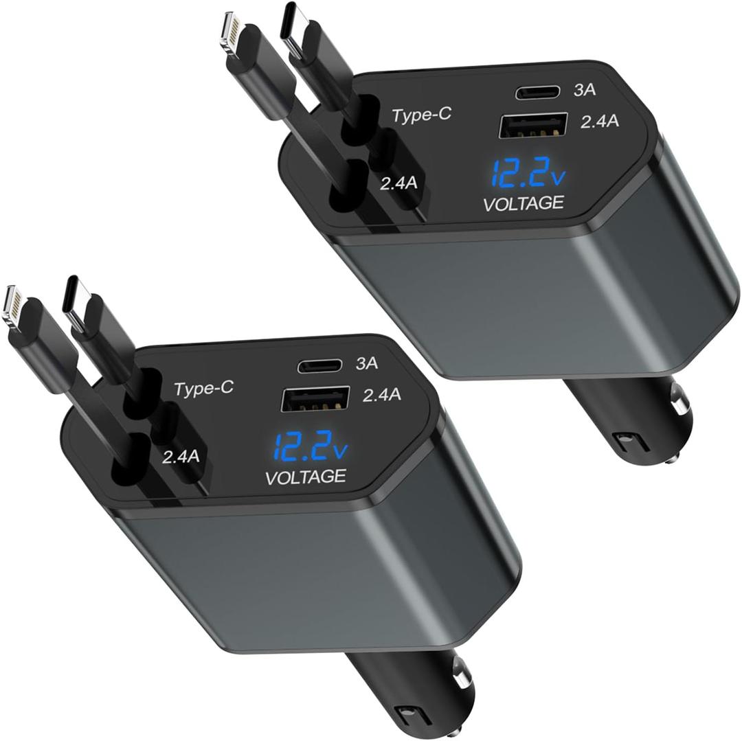 4 in 1 Retractable Car Charger Fast Charging for iPhone 17,2Pack 66W Quick Car i Phone Charger 2.6ft Cord USBC Apple Adapter Block Quick Charge for iPhone 17 Air/17 Pro/16e/16/15Pro/Plus/14/13/12,iPad