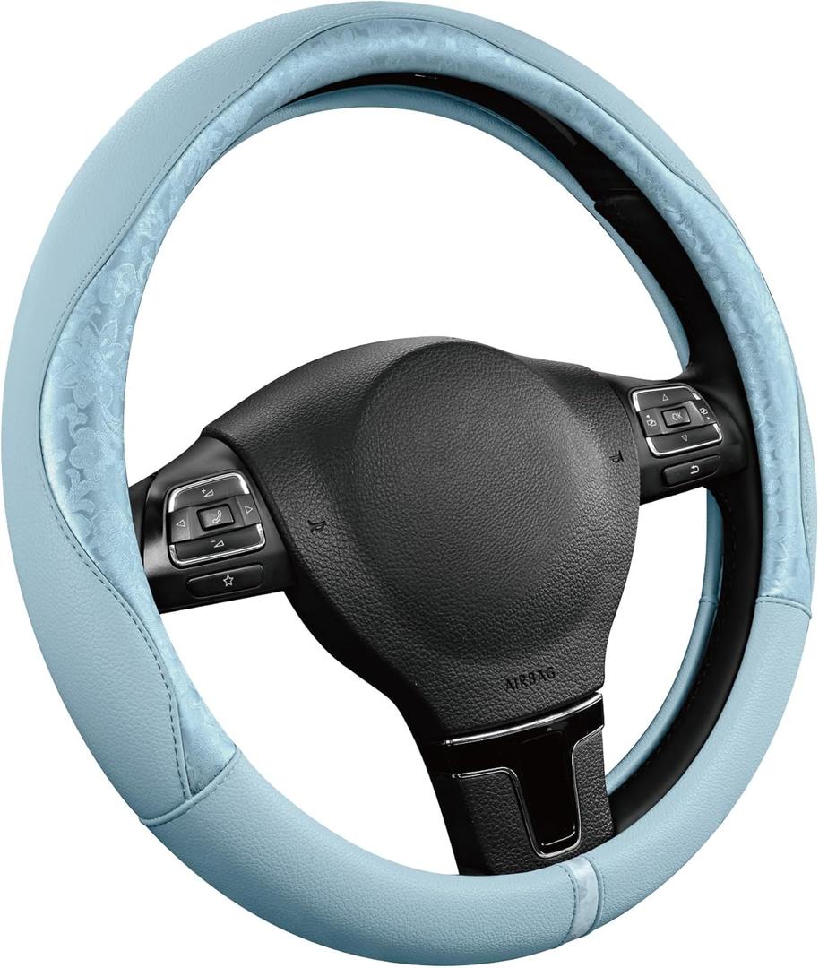 PIC AUTO Steering Wheel Cover, Light Blue Patterned Leather Patchwork Design, Universal Fit 14.5"15.5", Anti-Slip, Odor-Free, Soft PU Grain Leather, Durable Grip Car Accessory for Girls & Women
